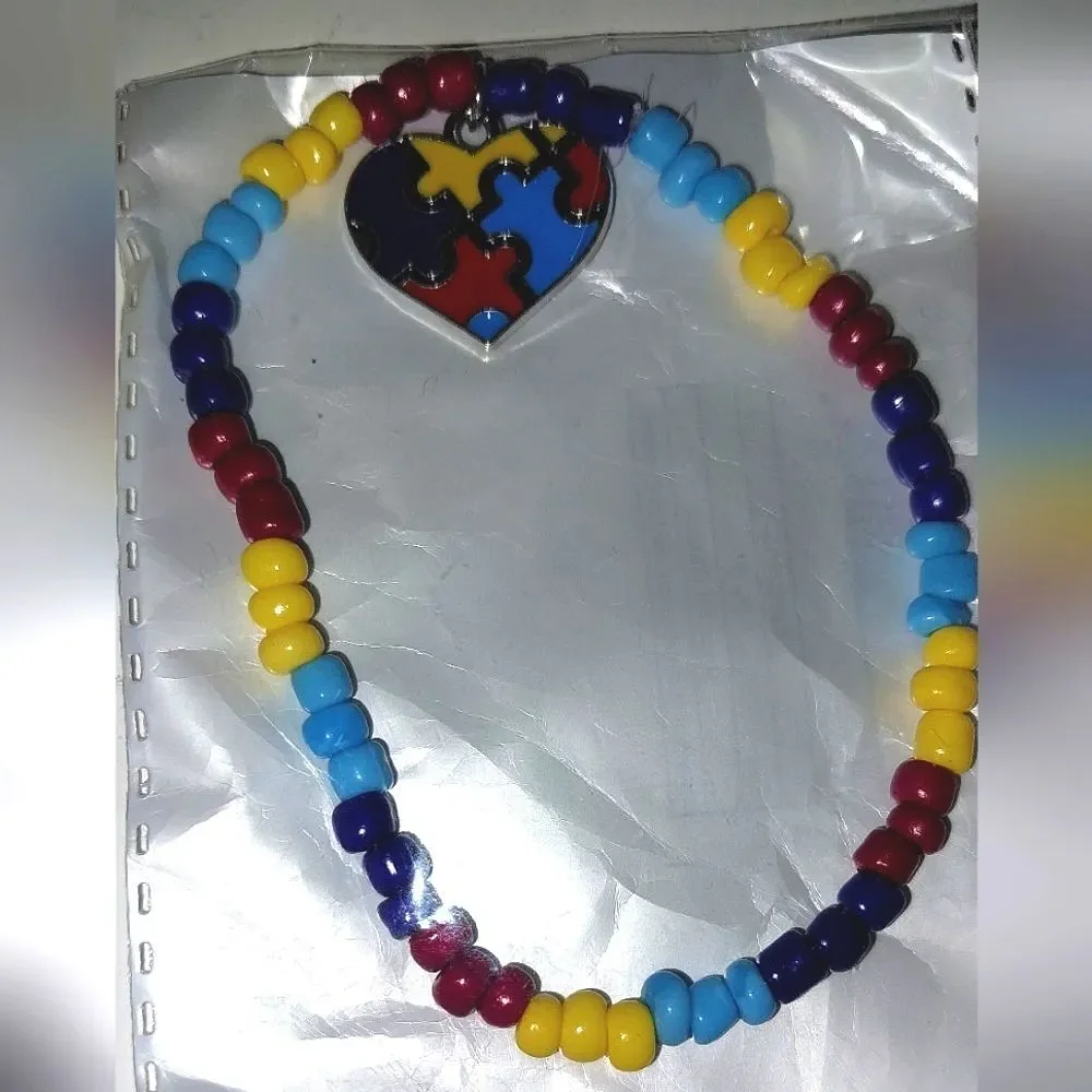Colorful Puzzle Heart Autism Awareness Beaded Bracelet for Kids and Adults